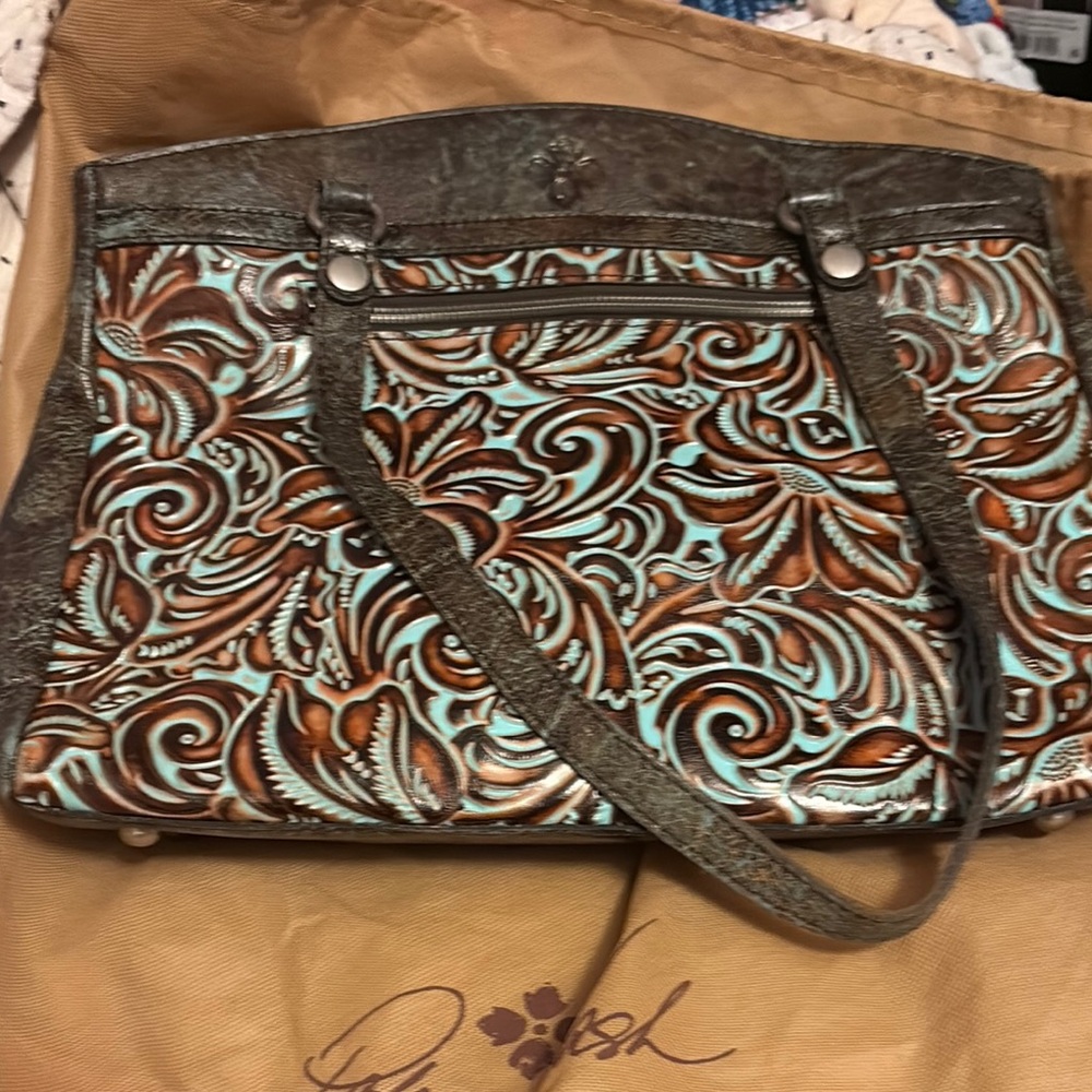 Stylish Brown and Blue Shoulder Bag with Intricate Pattern